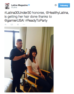 ‏@Latina #Latina30Under30 honoree, @HealthyLatina, is getting her hair done thanks to @garnierUSA! #ReadyToParty 