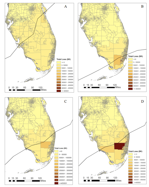 Fig 5: Illustration of some early results obtained for damage estimates using the HAZUS model and modifying the historical track of hurricane Wilma.A: 10°cc rotation, B:10°c rotation, C: Δ -10% wind speed, D: Δ ±10% wind speed. Impact of storm surge not included.